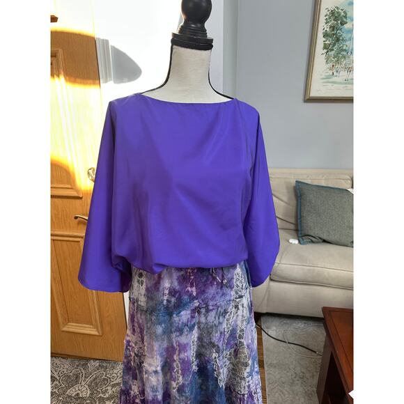 Boho Tie Dye Midi Skirt Purple Blue Ruffle Hem Lightweight Elastic Waist - Picture 3 of 6